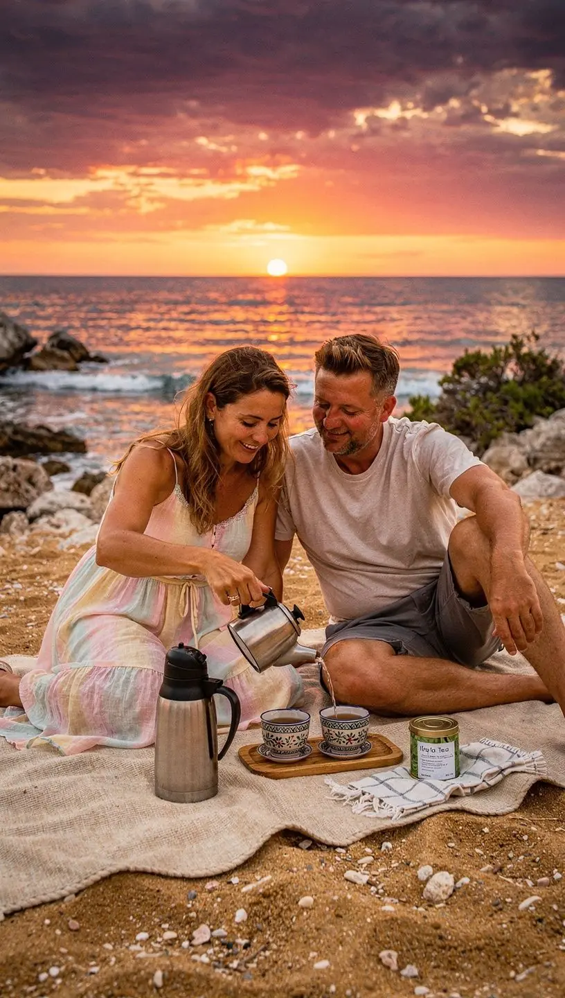 Detalj tople šalice čaja s parom koja lagano izlazi na svježem zraku.