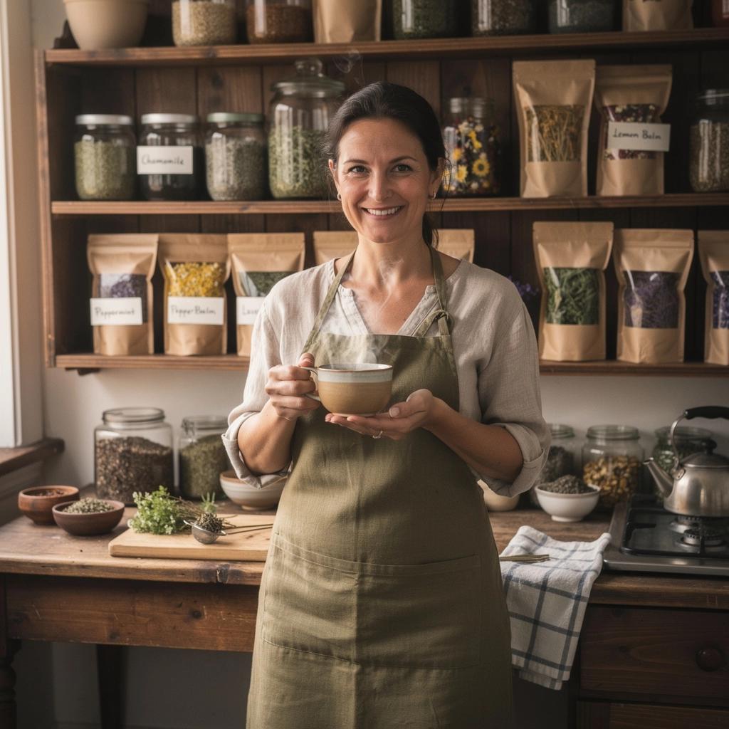 Mješavina suhog bilja za čaj u staklenoj posudi s drvenim poklopcem